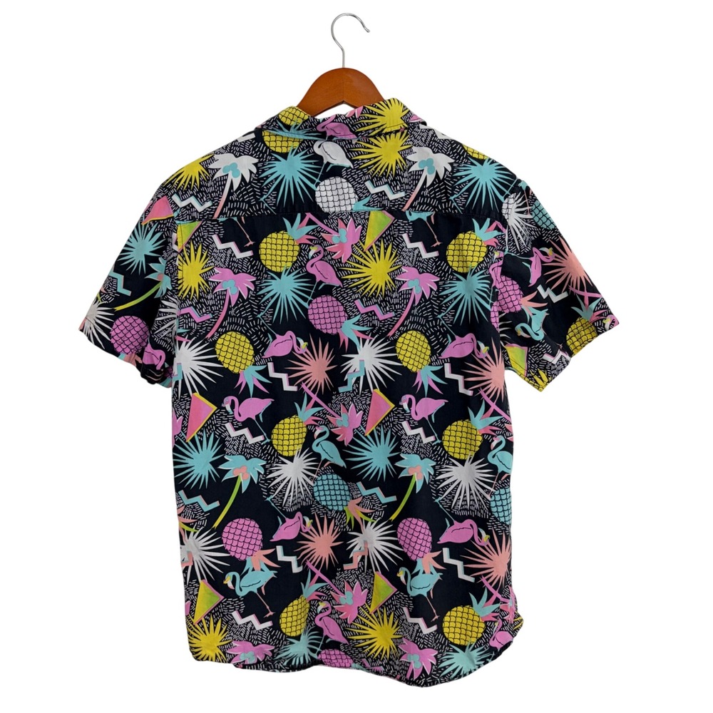NEFF Mens M Flamingo Pineapple Tropical Print Button Down Shirt Black Vacation - Picture 2 of 8